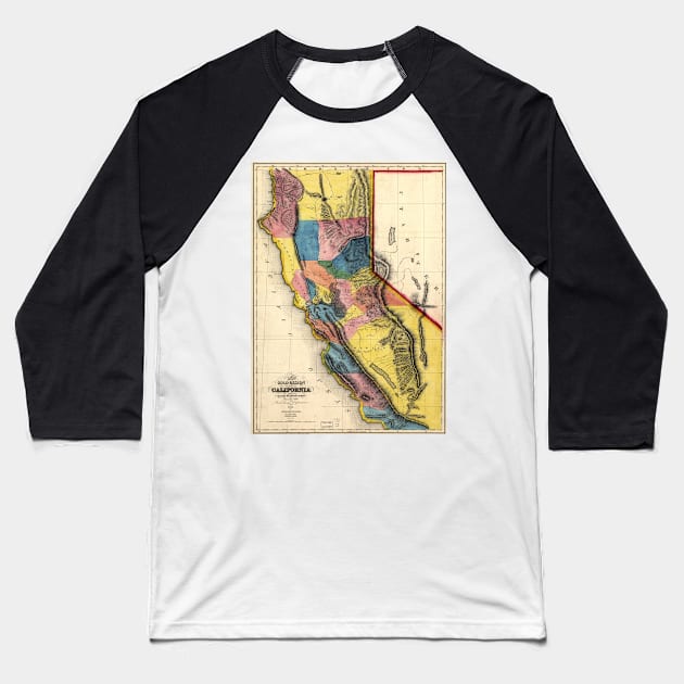 Vintage Map of Gold Regions in California (1851) Baseball T-Shirt by Bravuramedia